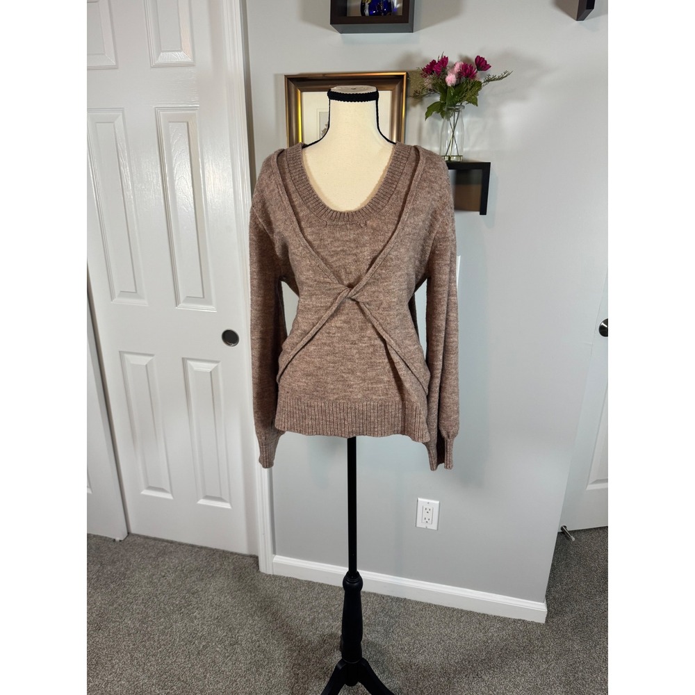 French Connection Women Brown Twist Front Layered Look Wool Blend Sweater Large